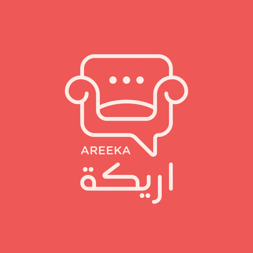 Areeka logo: an armchair inside a speech bubble, with the name in English and Arabic
